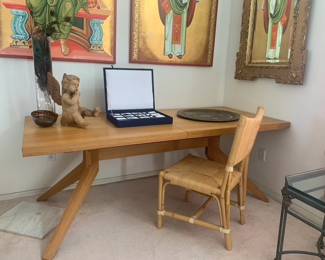 Cross Frame Extendable Dining Table by Matthew Hilton for Case and 
Rattan and Bamboo Chair by John Hutton for Donghia
