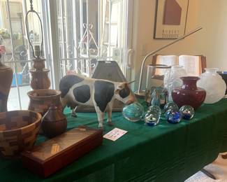 Terry Larson Lg Inlaid Box, Two Turned Wood Lamps, Segmented Wooden Bowl and Vase, Turned Wood Covered Vase, Hand-carved Guernsey Cow Statue, Assorted Paperweights