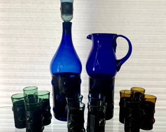 Mexican Brutalist  Wrapped Glasses, Wine Bottle, and Carafe - Blue, Green, and Amber
