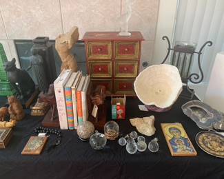 Museum of Natural History Egyptian Cat, Greek Statue, Sandstone Indian Male Bust, Large White Corral Bowl, Geode Specimen