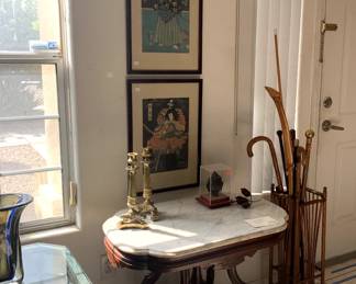 Antique Marble Top Parlor Table, Pair of Victorian Candlesticks, 19th Century Japanese Wood Block Prints