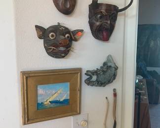 Michael Situ Plein Air Laguna Sail Boats, Assorted Vintage Masks - Mexico and Bali, Clay Fish Wall Hanging, Glenn Grishkoff Brushes