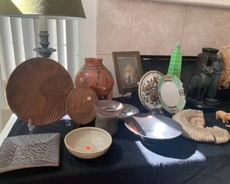 Hand thrown pottery, Casa Grande Red and Black Navajo Pot, Ammonite Fossil, Green Italian Ceramic Obelisk