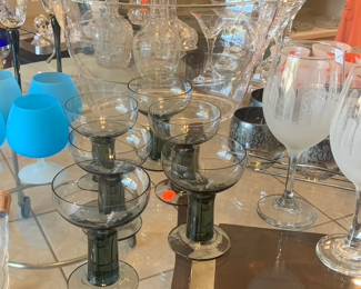 Six Vintage Smoke Glass Champagne Glasses, Two New York Skyline Etched Wine Glasses, Six Robin Egg Blue Brandy Glasses, Acrylic Oval Ice Bucket