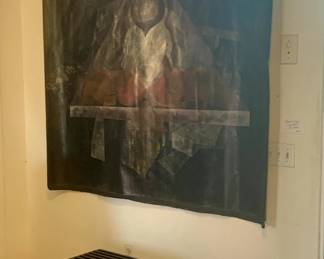 Robert Glover Oil On Canvas "Temple of Ra", George Nelson Black Slat Bench