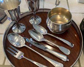Assorted Sterling Silver Utensils, Two Gorham Goblets, Round Laminate Tray with Sterling Silver Edge