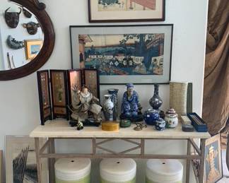 18th Century Japanes Woodblock Prints, Antique Japanese Papier Mache Samurai, Chinese Blue and White Porcelain Figure, Assorted Asian Cloisonne, Jade Pillow, Pair of Carved Korean Ink Sticks, 1930 Japanese Geisha Doll, Three Ceramic Garden Stools