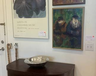 Antique Flip Top Game Table, 1977 Santa Fe Opera Original Georgia O'Keefe Poster, Richard Armand 1966 and 1967 Impressionist Oil on Canvas Original and Signed