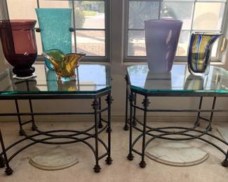 Assorted Art Glass and Vases, Pair of Wrought Iron and Glass End Tables, Marble Corners