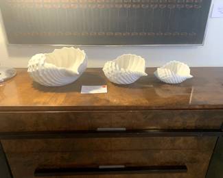 Three Italian Porcelain Conch Shells, Donald Deskey 1930s Art Deco Buffet / Sideboard