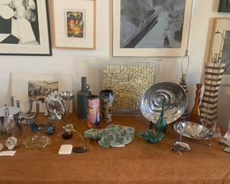 Pair of Chase MCM Candlesticks, Murano Bowls, Reed Barton Cross Ice Bucket, Ceramic Metal Horse Head Statue, Swid Powell / David Palterer 1985 Candlestick, Robert Eichkholt Paperweight, Lg Flourite Specimen, Assorted Ceramic and Raku Vases and Carafes