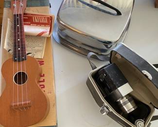 Ukulele, vintage cake, container, vintage camera
