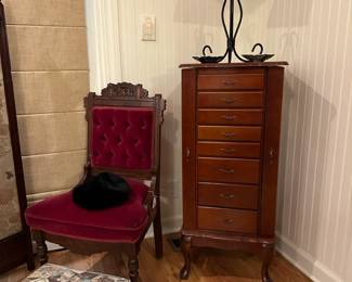 Jewelry Armoire, Carved Wood Red Velvet Chair (2), French Themed Metal Foot Rest
