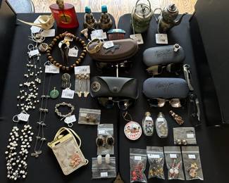 Sterling Postmodern Perfume Bottles, Tibetan Style Jade Teapot, Hetian Style Jade Teapot, Maui Jim MJ-129-19 Sunglasses,  Maui Jim Sunglasses, Liquid Sterling Animal Necklace, Turquoise Hair Pin, Ray-Ban Sunglasses, Sterling Silver Earrings (including Taxco), Sterling Taxco Bracelet, Sterling Ring, Sterling Brooch, Sheffield Pocket Knife, Smith & Wesson Pocket Knife

