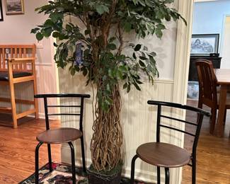 Wood and Metal Stool Chairs,  Artificial Tree
