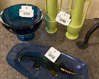 Alligator/Crocodile Dish, Shawnee Pottery Ceramic Vase Set, Marquis by Waterford Crystal Bowl
