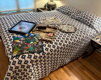 Queen Size Bed Frame, Queen Sealy Posturepedic Mattress and Boxspring (Thomas Ho Peaceful Valley), Arperilla Folk Art,  Leather Backgammon Case

