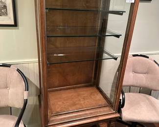 Vintage Curio Display Cabinet, Metal and Upholstered Swivel Chairs