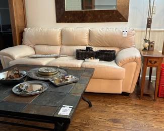 Cream Colored Sofa, Wall Mirror, Wilton Armetale Banana Leaf & Shell, Double Reading Floor Lamp, Stone Top Coffee Table, Ashtray, Trinket Boxes, Victorian Style Wall Clock, Ceramic Floral Mirror,  Jewelry
