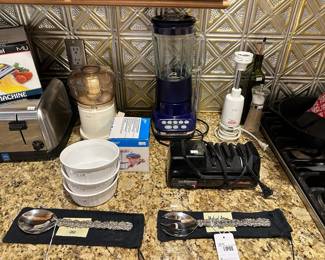 Michael Aram Serving Fork, Michael Aram Serving Spoon, KitchenAid Cobalt Blender, Pasta Machine Waring Toaster Model WCT708, Sunbeam Oskar Food Processor, Chef's Choice Knife Sharpener Model 15, Waring Handheld Mixer
