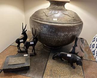 Stone Top Accent Tablem Wood Carved Lion and Antelope