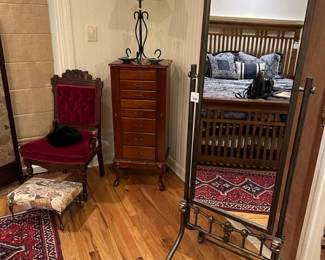 Standing Floor Mirror, Jewelry Armoire, Carved Wood Red Velvet Chair (2), Iron Table Lamp with Three Legs