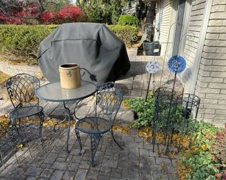 Metal and Glass Bistro Set, Crock, Various Yard Decor (including Metal Hummingbird and Stars), Metal Planters