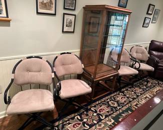 Vintage Curio Display Cabinet, Metal and Upholstered Swivel Chairs