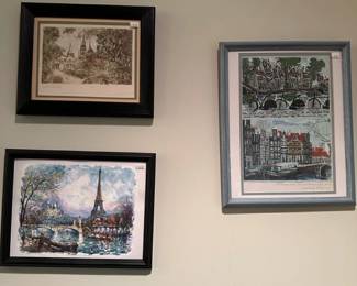 Various Framed Worldly Art from Places such as Amsterdam, Austria, and Budapest