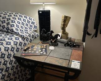 Stone Top Accent Table, Table , Canada 125 Coin Set
 Hubley Toy Gun, Stone Jaguars, Cast Iron Rooster Bookend Pair,  Brass Egyptian Nefertiti Bust

