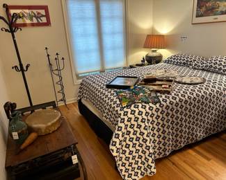  Queen Size Bed Frame, Queen Sealy Posturepedic Mattress and Boxspring (Thomas Ho Peaceful Valley), Arperilla Folk Art,  Leather Backgammon Case
