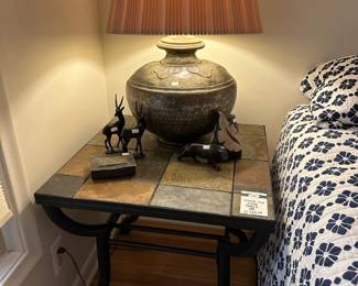 Stone Top Accent Tablem Wood Carved Lion and Antelope