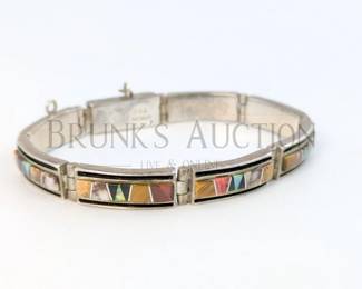 NAVAJO STERLING BRACELET W/ JET, OPAL, TIGERS EYE, SHELL, JASPER ARTIST SIGNED: "B. YAZZA" - "TSF" LINK BRACELET W/ SAFE...