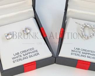 SAPPHIRE AND STERLING EARRINGS & HEART NECKLACE (1) WHITE SAPPHIRE AND STERLING SILVER HEART PENDANT NECKLACE. 18"...