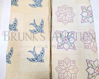 (2) HANDMADE QUILTS 60" X 72" (1) FLORAL, MULTI-COLORED (1) SPARROW, BLUE / WHITE * HAS SOME STAINING, DUE TO AGE *