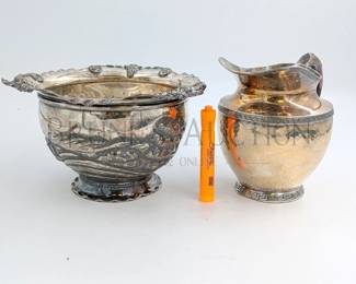 (2 PCS) SILVERPLATE SERVING (1) DERBY SILVER CO. QUADRUPLE PLATE ICE BUCKET 5.5" T X 9" DIAMETER (1) EARLY 1900'S SILVERPL...