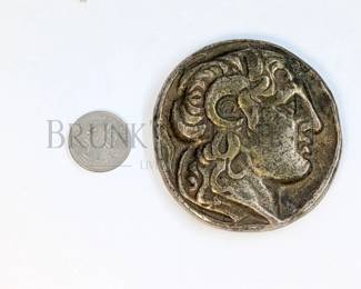 BRONZE GREEK COIN PAPERWEIGHT (1) VINTAGE, BRONZE PAPERWEIGHT OF A REPRODUCTION COIN OF ANCIENT GREEK KING,...