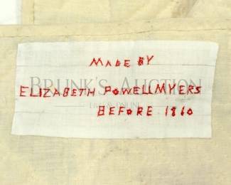 1860'S PRE-CIVIL WAR TULIP QUILT EMBROIDERED TAG READS: ELIZABETH POWELL MYERS, BEFORE 1860 RED, YELLOW, GREEN / WH...