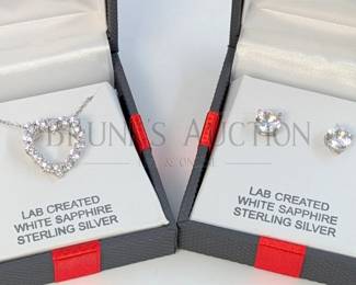 SAPPHIRE AND STERLING EARRINGS & HEART NECKLACE (1) WHITE SAPPHIRE AND STERLING SILVER HEART PENDANT NECKLACE. 18"...