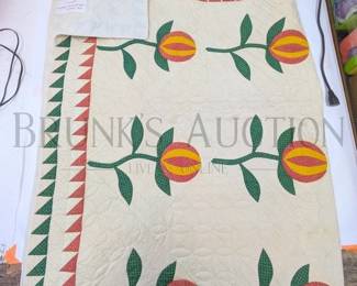 1860'S PRE-CIVIL WAR TULIP QUILT EMBROIDERED TAG READS: ELIZABETH POWELL MYERS, BEFORE 1860 RED, YELLOW, GREEN / WH...