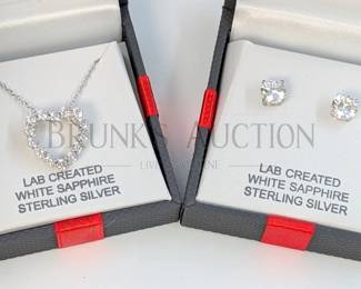 SAPPHIRE AND STERLING EARRINGS & HEART NECKLACE (1) WHITE SAPPHIRE AND STERLING SILVER HEART PENDANT NECKLACE. 18"...