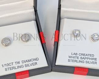 2 PRS DIAMOND/SAPPHIRE STUD EARRINGS (1) PAIR OF DIAMOND AND STERLING SILVER ROUND STUD EARRINGS. 1/10 CTW DIAMONDS I-J/...
