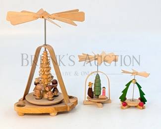 (3) GERMAN WINDMILL CANDLE HOLDERS WOOD CARVED 2.5" - 6.5" T * LARGEST WINDMILL IS MISSING (2) BLADES *