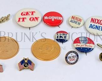VINTAGE POLITICAL CAMPAIGN BUTTONS AND PINS (1) LOT OF VINTAGE POLITICAL BUTTONS, PINS, AND COINS. 6 BUTTONS 6 PINS...