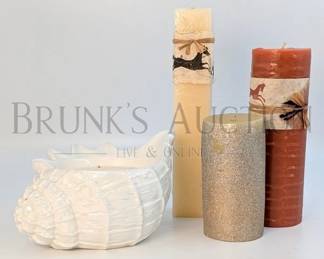 NEW - (4) DECORATIVE CANDLES (1) HOMEWORX BY HARRY SLATKIN SEASHELL CANDLE (2) HANDMADE TALL DECORATIVE CANDLES HA...
