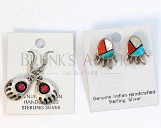 (2) PAIRS NATIVE INLAID BEARPAW EARRINGS (1) PAIR OF NATIVE AMERICAN MADE INLAID BEARPAW STUD EARRINS. INLAID WITH TU...