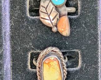 (2) NAVAJO STERLING AND STONE RINGS (1) NAVAJO STERLING, TURQUOISE, AND CORAL RING. SIZE 5 (1) NAVAJO STERLING AND JA...