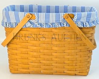 LARGE! - LONGABERGER BASKET W/ HANDLES AND BLUE & WHITE LINER HAND-WOVEN MADE IN DRESDEN, OHIO, USA 15" W X 9" D X 11" T

