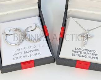 SAPPHIRE AND STERLING CROSS NECKLACE & EARRINGS (1) WHITE SAPPHIRE AND STERLING SILVER CROSS PENDANT NECKLACE. 18"...