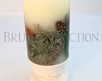 (4PCS) 2 LARGE CANDLES W/ STANDS LARGE 3 WICK CANDLE WITH PINE NEEDLES/BERRIES/PINECONES INSIDE METAL REINDEER CAND...